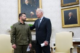 US President Joe Biden, right, with Ukrainian counterpart Volodymyr Zelenskyy in the White House last month [File: Kevin Lamarque/Reuters]