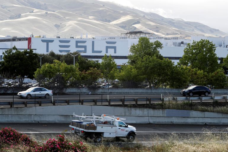 A view of the exterior of the Tesla factory in Fremont, California