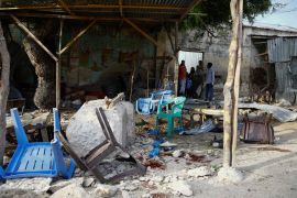 The scene of an explosion claimed by al-Shabab, at a shop selling tea near a security checkpoint on a road leading to the parliament and the president&#39;s office in Mogadishu, Somalia, September 29, 2023 [Feisal Omar/Reuters]
