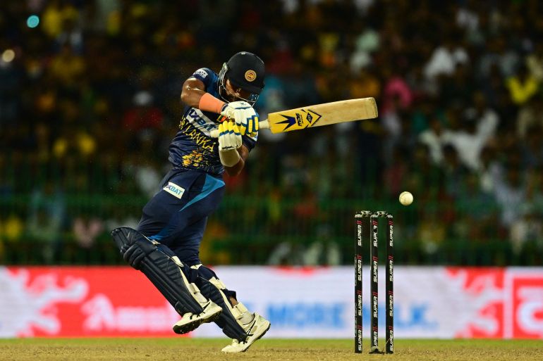 Sri Lanka's Sadeera Samarawickrama is hit by a ball during the Asia Cup 2023 Super Four one-day international (ODI) cricket match between Sri Lanka and Pakistan at the R. Premadasa Stadium in Colombo early September 15, 2023.