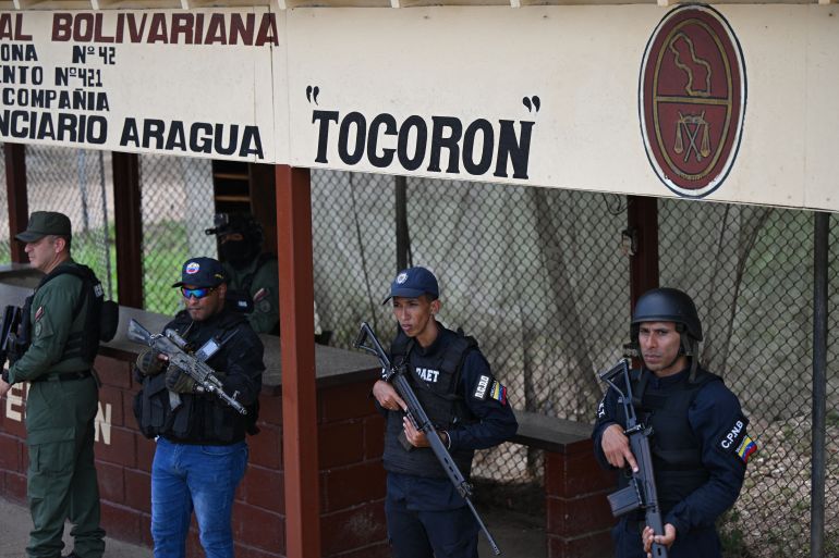 Venezuelan security forces stand guard in the Tocoron prison in Tocoron, Aragua State, Venezuela, on September 23, 2023