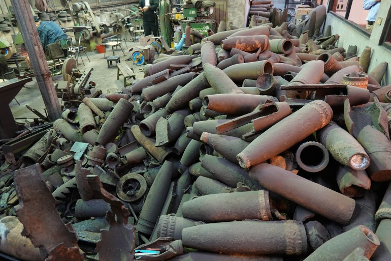 A photo of a pile of old artillery shells in Wu Tseng-dong's workshop.