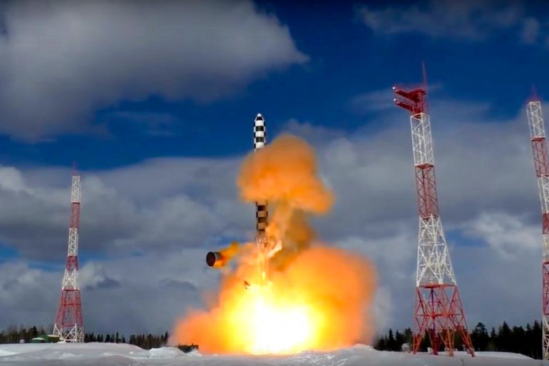 In this image from video provided by the Russian Defense Ministry Press Service, the Sarmat intercontinental ballistic missile blasts off during a test launch Friday from the Plesetsk launch pad in northwestern Russia, Friday, March 30, 2018. The Russian Defense Ministry said the launch was intended to test Sarmat's performance in the early stage of its flight. (Russian Defense Ministry Press Service via AP)