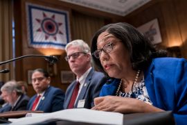 Marilyn Vann, president of the Descendants of Freedmen of the Five Tribes Association of Oklahoma City, speaks at the US Capitol in 2022 about the legacy of slavery among Indigenous nations [J Scott Applewhite/AP Photo]