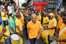 The Maldives&#39; incumbent President Ibrahim Mohamed Solih participates in a rally as he concludes his campaign in capital Male [Mohamed Sharuhaan/AP]