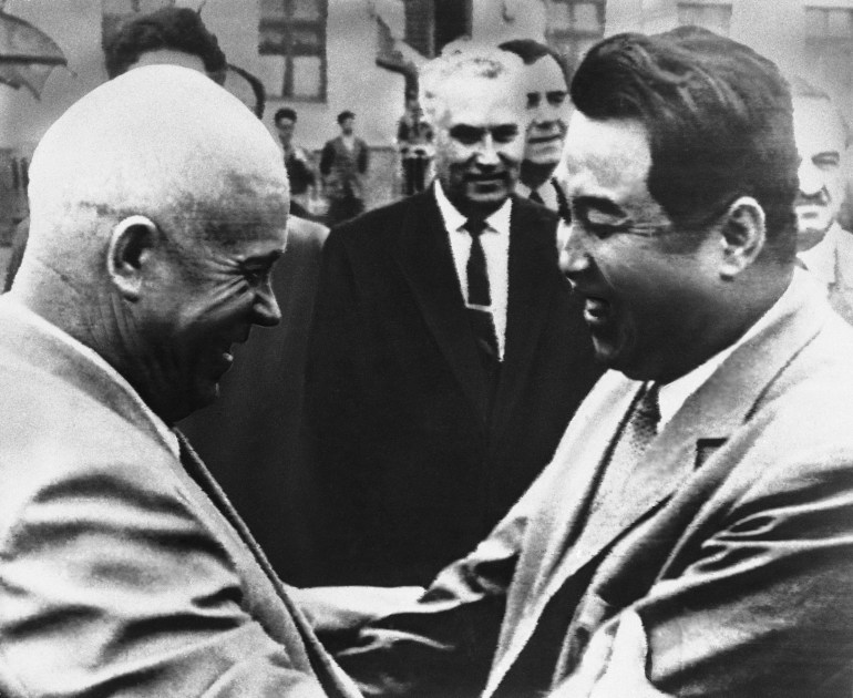 Soviet premier Nikita Khrushchev, left, bids farewell to Kim Il Sung, North Korean Communist Party leader, prior to latter’s departure from Moscow on July 7, 1961.