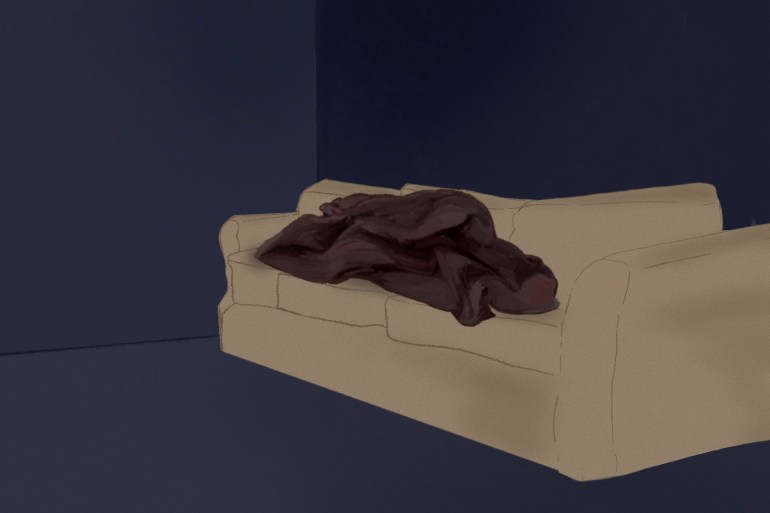 An illustration of a couch in a dark room