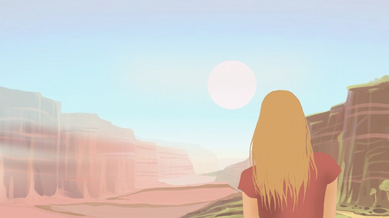An illustration of a woman standing before the Grand Canyon
