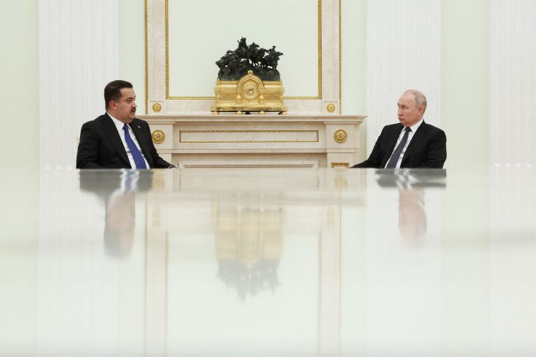 Russian President Vladimir Putin attends a meeting with Iraqi Prime Minister Mohammed Shia Al-Sudani in Moscow, Russia, October 10, 2023. Sputnik/Sergei Bobylyov/Pool via REUTERS ATTENTION EDITORS - THIS IMAGE WAS PROVIDED BY A THIRD PARTY.