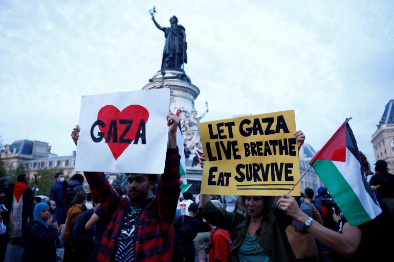 Demonstrators hold a Palestinian flag and placards in support of Gaza