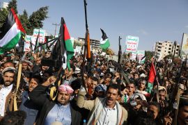 People protest in support of Palestinians in Gaza as the conflict between Israel and Hamas continues, in Sanaa, Yemen, on October 18, 2023 [Khaled Abdullah/Reuters]