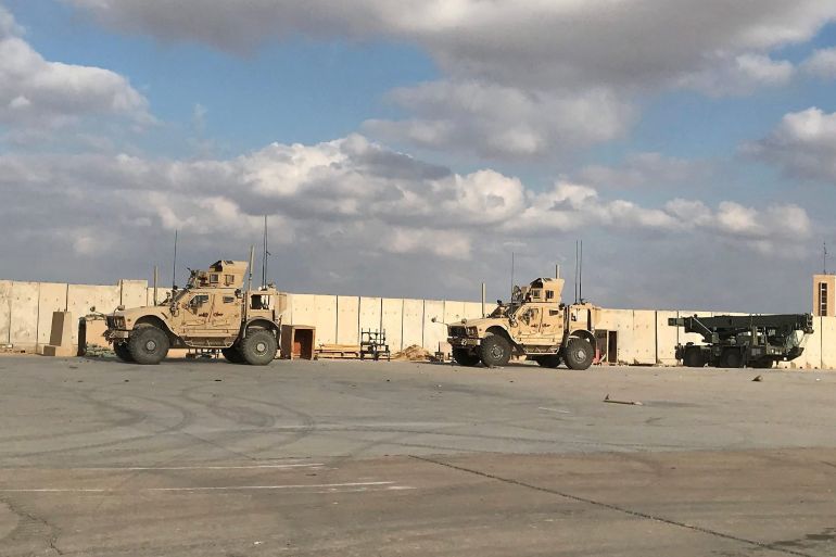 Military vehicles of US soldiers at a base in Iraq