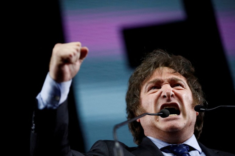 Argentine presidential candidate Javier Milei of La Libertad Avanza alliance, speaks during the closing event of his electoral campaign in Argentina