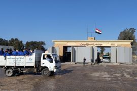 A truck waits near the Rafah crossing between Gaza and Egypt