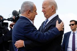 Biden is welcomed by Israeli Prime Minster Benjamin Netanyahu, as he visits Israel amid the ongoing conflict between Israel and Hamas, in Tel Aviv, Israel, October 18, 2023.