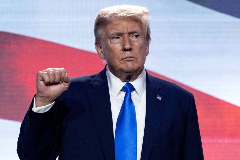 Trump standing in front of a red, white and blue backdrop, He is holding up his hand in a small fist.