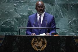 President of Liberia George Weah addresses the 78th session of the United Nations General Assembly, Wednesday, Sept. 20, 2023, at UN headquarters