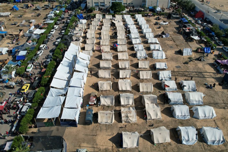 UNDP provided tens set up for Palestinians displaced by the Israeli bombardment of the Gaza Strip, are seen in Khan Younis