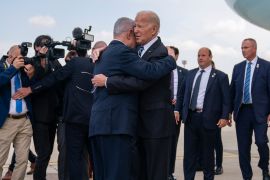 US President Joe Biden is greeted by Israeli Prime Minister Benjamin Netanyahu on arrival at Ben Gurion international airport, October 18, 2023, in Tel Aviv