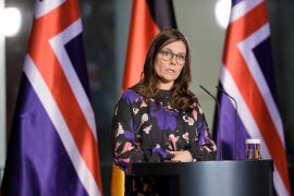 Iceland's Prime Minister Katrin Jakobsdottir speaks to the media in Berlin