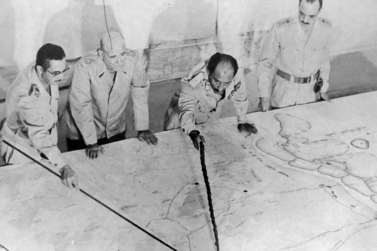 Anwar el-Sadat President of Egypt. at Military HQ during the 1973 Arab-Israeli War.