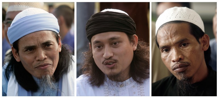 Bali bombers Amrozi (L), Imam Samudra (C) and Mukhlas, also known as Ali Ghufron, are seen in Nusakambangan prison in this October 1, 2008 combination photograph. The three Muslim militants involved in the 2002 Bali bombings were executed on early November 9, 2008, according to reports from Indonesian television station TV ONE. REUTERS/Supri/Files (INDONESIA)