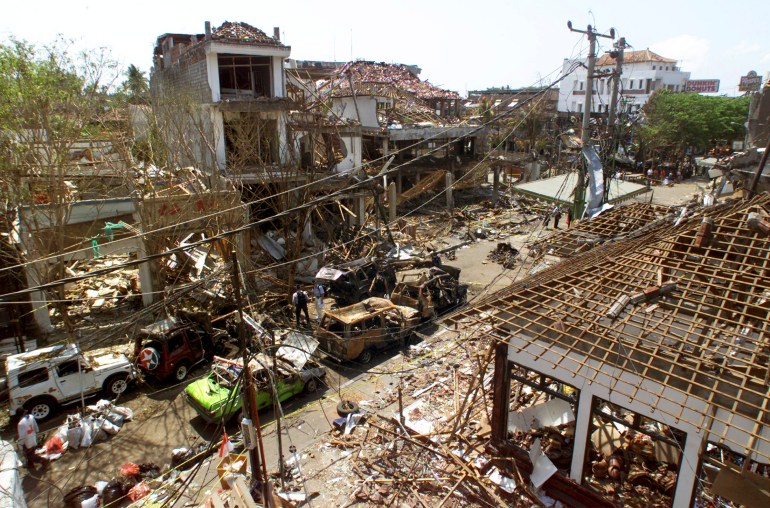 A general view of the scene of a bomb blast at Kuta, on the Indonesian island of Bali, in this October 17, 2002 file photo five days after explosions in a popular night spot killed almost 200 people. Al Qaeda leader Osama bin Laden was killed May 1, 2011, in a firefight with U.S. forces in Pakistan and his body was recovered, U.S. President Barack Obama said on May 1, 2011. "Justice has been done," Obama said in a dramatic, late-night White House speech announcing the death of the elusive mastermind of the Sept. 11, 2001, attacks on New York and Washington that killed nearly 3,000 people. REUTERS/Jonathan Drake/Files (INDONESIA - Tags: CIVIL UNREST POLITICS OBITUARY TRAVEL)