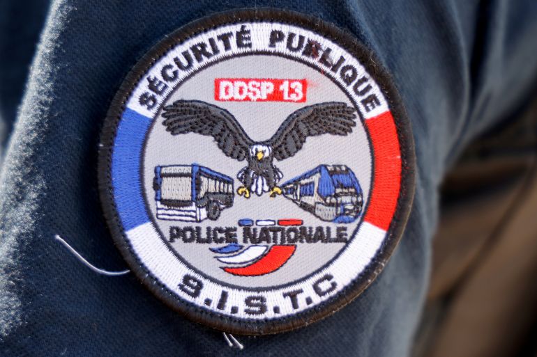 The patch of the French police unit "Services interdepartementaux de securisation des transports en commun" (SISTC) of Marseille is pictured, in Marseille, France June 26, 2023. Ludovic Marin/Pool via REUTERS