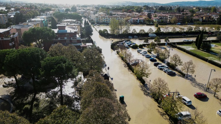 Aerial view of flooded streets in the aftermath of Storm Ciaran, in Campi Bisenzio, in Tuscany region