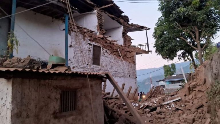 A damaged building is seen after an earthquake in Jajarkot