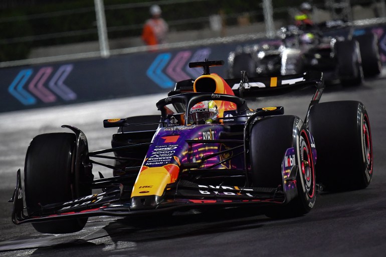 Max Verstappen drives his Red Bull car in Las Vegas