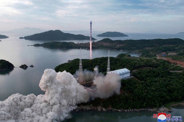 A still photograph shows what appears to be North Korea's new Chollima-1 rocket being launched in Cholsan County, North Korea, May 31, 2023