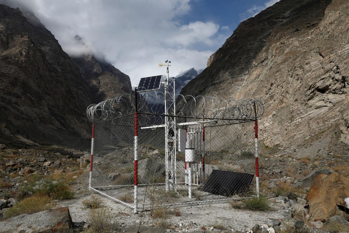 An Automatic Weather Station monitors the Shisper glacier in Hassanabad village, Hunza valley, in the Karakoram mountain range, in the Gilgit-Baltistan region of Pakistan.