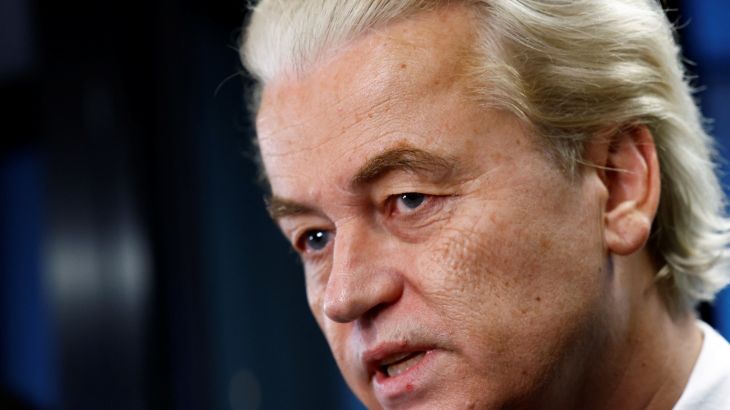 Dutch far-right politician and leader of the PVV party Geert Wilders reacts as he meets the press as Dutch parties' lead candidates meet for the first time after elections, in which far-right politician Geert Wilders booked major gains, to begin coalition talks in The Hague, Netherlands, November 24, 2023. REUTERS/Piroschka van de Wouw