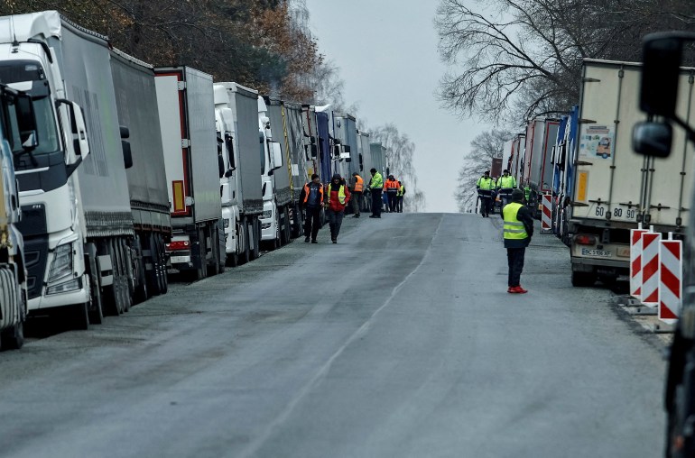 FILE PHOTO: FILE PHOTO: Ukrainian trucks are parked near the Poland-Ukraine border, near the village of Korczowa, Poland November 19, 2023. REUTERS/Yan Dobronosov/File Photo/File Photo