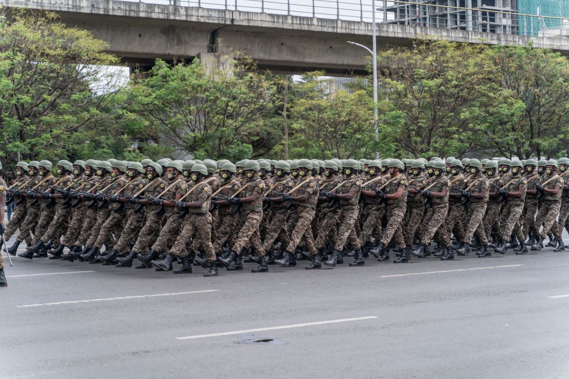 Members of the Ethiopian National Defense Force parade during the 116th celebration of Ethiopian Defense Force day in Addis Ababa, Ethiopia.