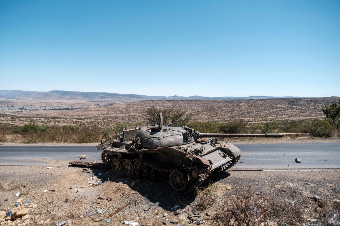 A damaged tank stands on a road north of Mekele, the capital of Tigray.
