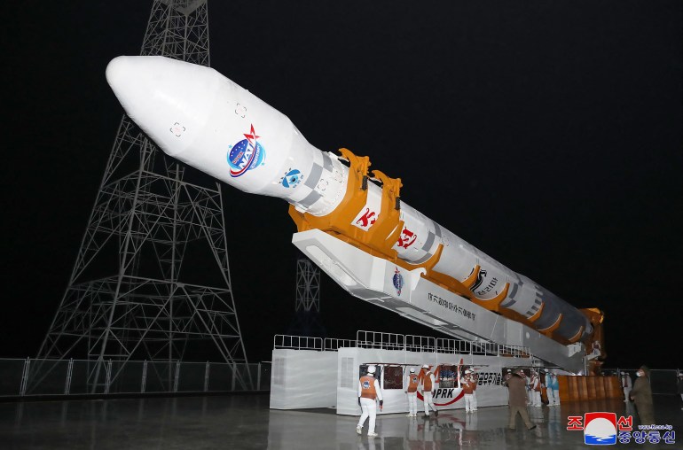 a rocket carrying the reconnaissance satellite 'Malligyong-1' before its launch