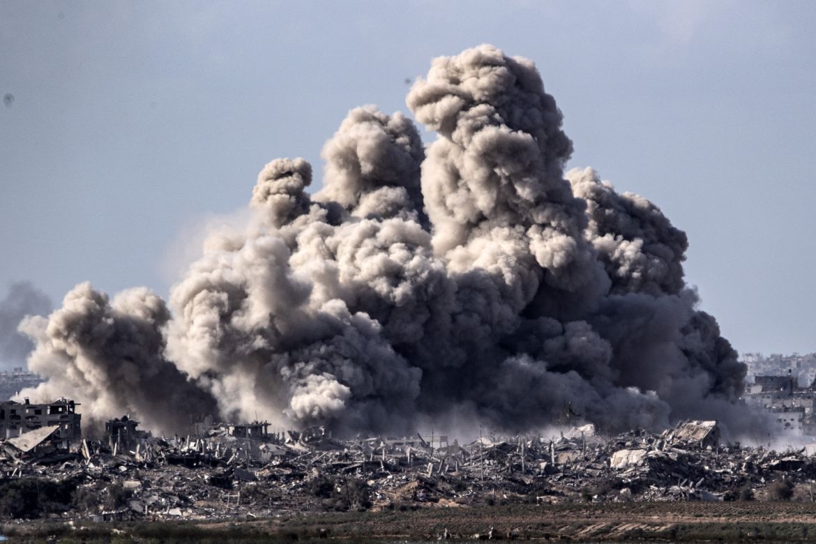 Smoke, rising over the destroyed buildings following the Israeli attacks on Gaza's Beit Hanoun