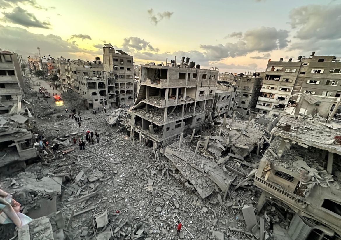A view of collapsed, heavily damaged buildings after an Israeli airstrike on Beit Lahia town of Gaza.