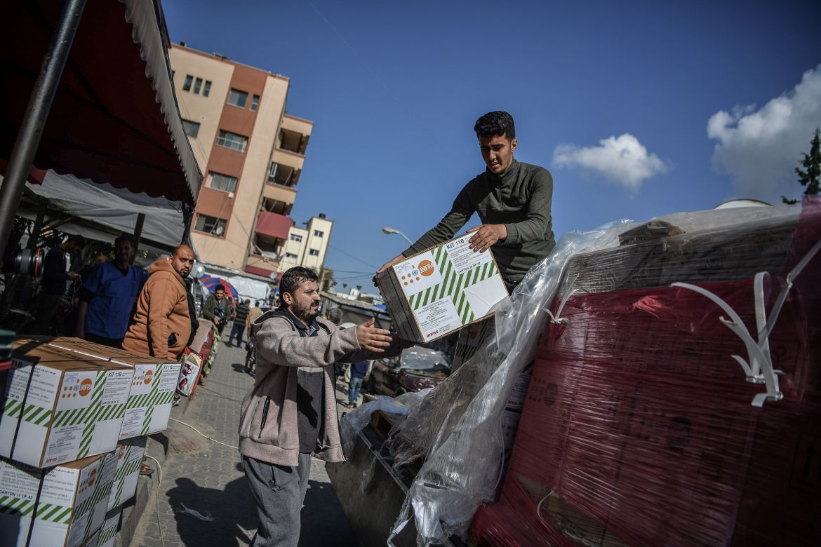 A truck carrying medicines and medical supplies arrive at the Nassr hospital, as the Palestinian healthcare workers try to continue their surgeries and treatment services with primitive methods due to fuel shortages and lack of medicine in Khan Yunis, Gaza.