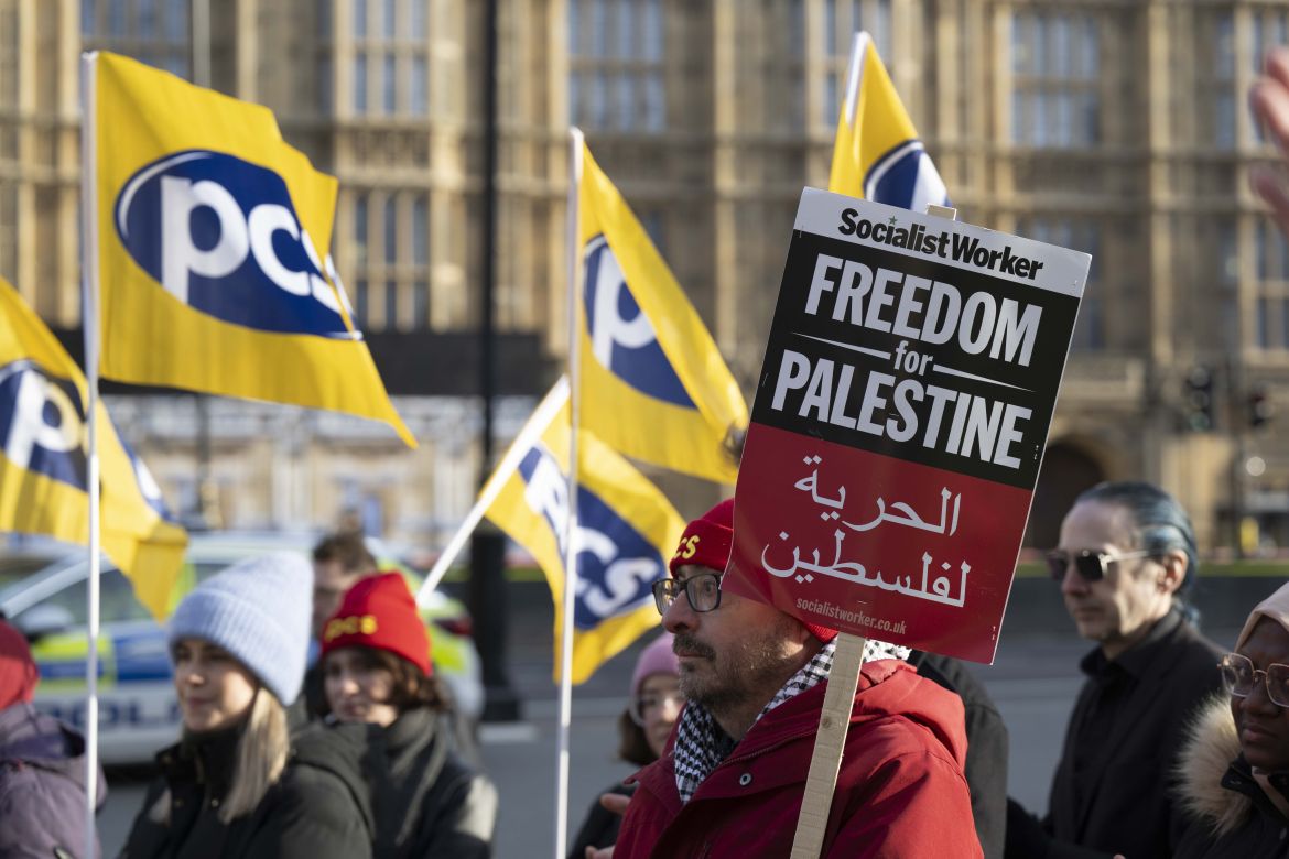 People gather and demonstrate demanding the permanent ceasefire in Gaza and to express their solidarity with Palestinian people as part of the International Day of Solidarity with the Palestinian People in London, United Kingdom.