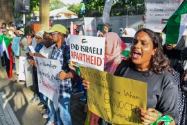 A group of Sri Lankan human rights activists protesting against Israeli air strikes on Gaza hold a demonstration in solidarity with Palestinian people outside the UN office in Colombo, Sri Lanka, on Monday, October 16, 2023 [Krishan Kariyawasam/AP Photo]