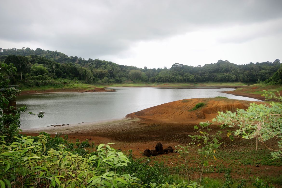 The almost dry water reservoir of Combani is visible on the French Indian Ocean territory of Mayotte.