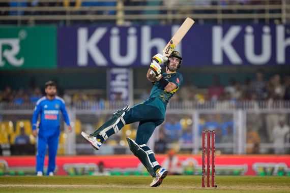 Australia's Glenn Maxwell plays a shot during the third T20 cricket match between India and Australia India in Guwahati, India, Tuesday, Nov. 28, 2023. (AP Photo/Anupam Nath)