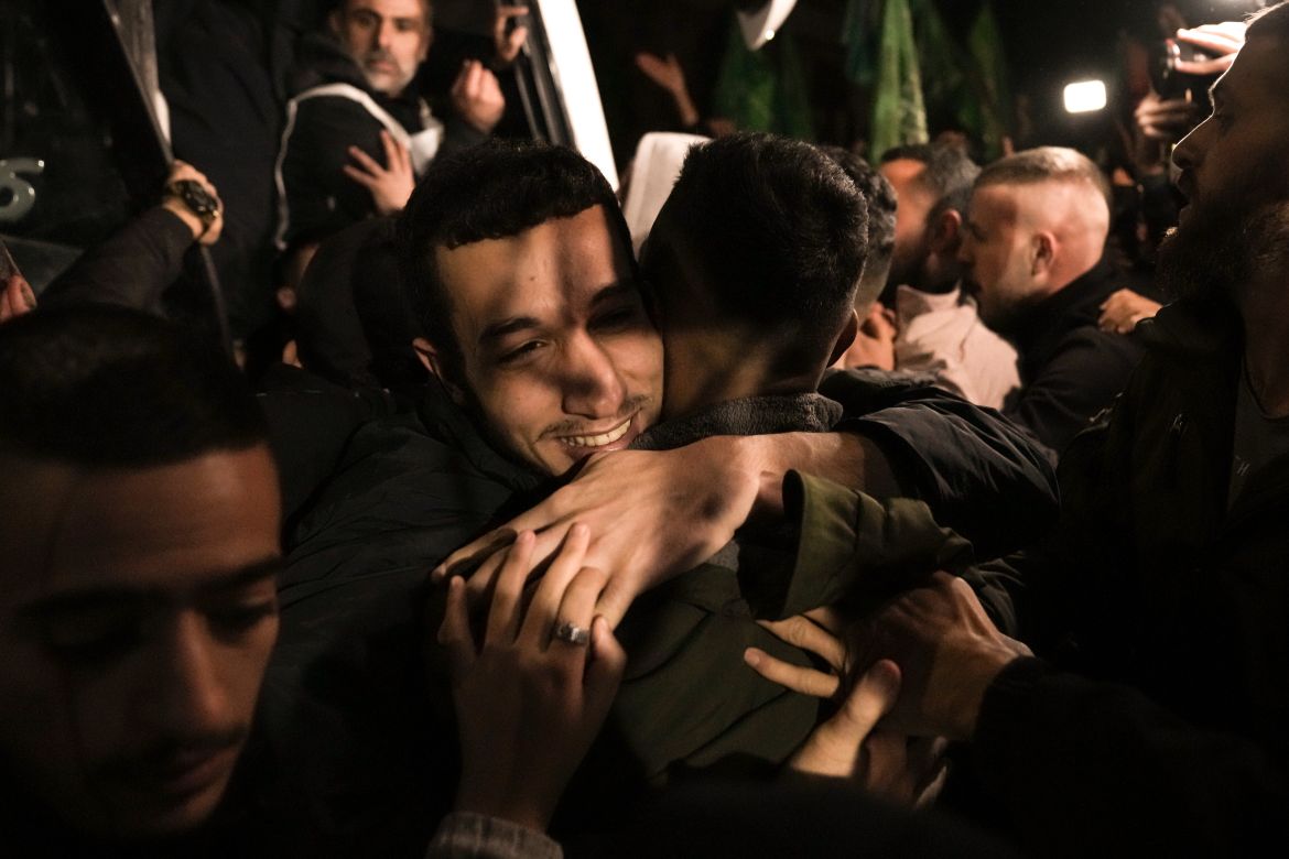 A man smiles as he is welcomed after being released from prison by Israel, in the West Bank town of Ramallah.