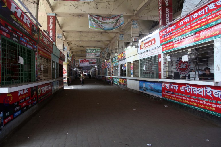 Counters in Mohakhali inter-district bus terminal in Bangladesh wears a deserted look