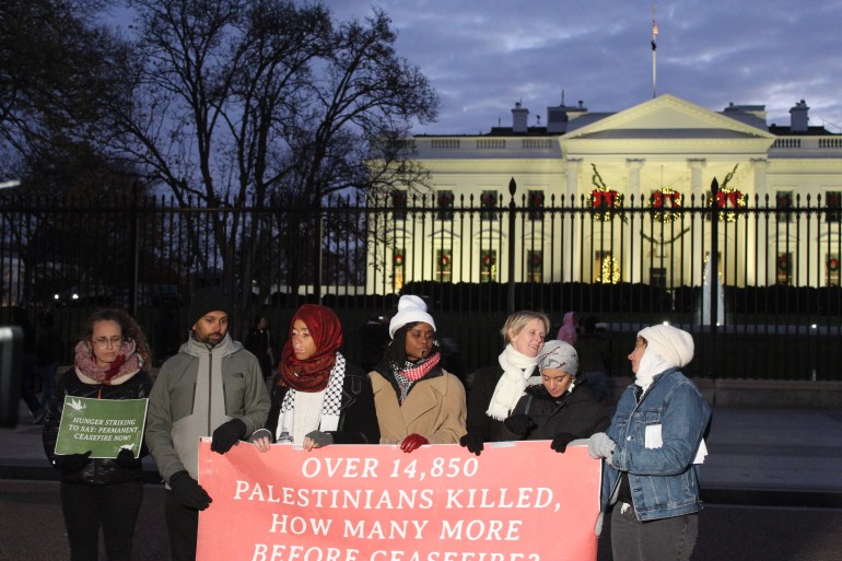 Hunger strikers demanding a ceasefire in Gaza stand outside the White House