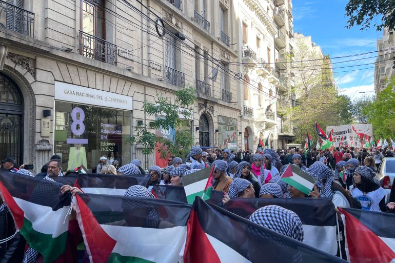Palestinian flags wave in the streets of Buenos Aires, Argentina, as protesters show their support for the people of Gaza.