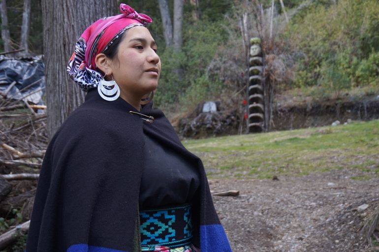 A close-up of Betiana Colhuan, a Mapuche leader. She wears a pink scarf over her hair and wears large silver earrings and a dark shawl-like garment. In the background is a green space, with a carved wooden statue signifying a rewe, a sacred space in Mapuche culture.